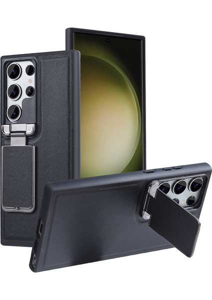 Gkk Samsung Galaxy S24 Ultra Kılıf Lens Kapağı Kickstand Tpu+Pu Telefon Arka Kapak-Siyah (Yurt Dışından)