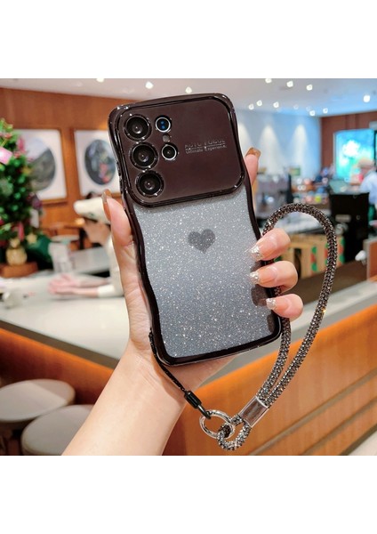 Samsung Galaxy S24 Ultra Için Kılıf Askılı Elektro Kaplama Tpu Telefon Kapağı Aşk Kalp Gradyan Parıltılı-Siyah (Yurt Dışından)