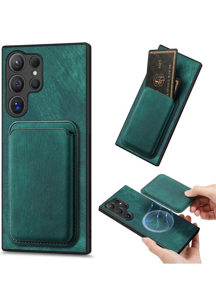 Samsung Galaxy S25 Ultra Kılıf Çıkarılabilir Kart Yuvalı Retro Deri Tpu Telefon Arka Kapak-Yeşil (Yurt Dışından)