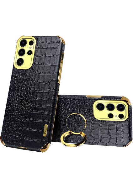 Samsung Galaxy S25 Ultra Kickstand Kılıf Timsah Dokulu Tpu+Pu Galvanik Telefon Kapağı-Siyah (Yurt Dışından)