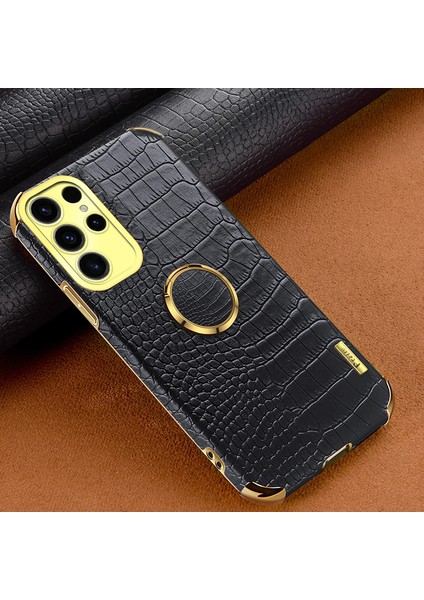 Samsung Galaxy S25 Ultra Kickstand Kılıf Timsah Dokulu Tpu+Pu Galvanik Telefon Kapağı-Siyah (Yurt Dışından)