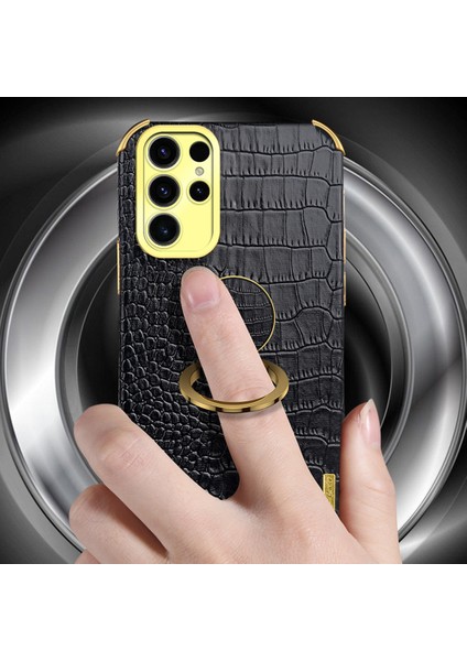 Samsung Galaxy S25 Ultra Kickstand Kılıf Timsah Dokulu Tpu+Pu Galvanik Telefon Kapağı-Siyah (Yurt Dışından)