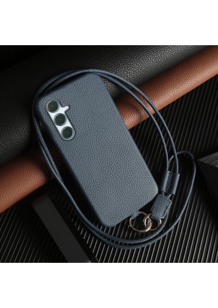 Samsung Galaxy A55 5g Kılıf Kordonlu Hakiki Inek Deri Pc Telefon Arka Kapak-Mavi (Yurt Dışından)
