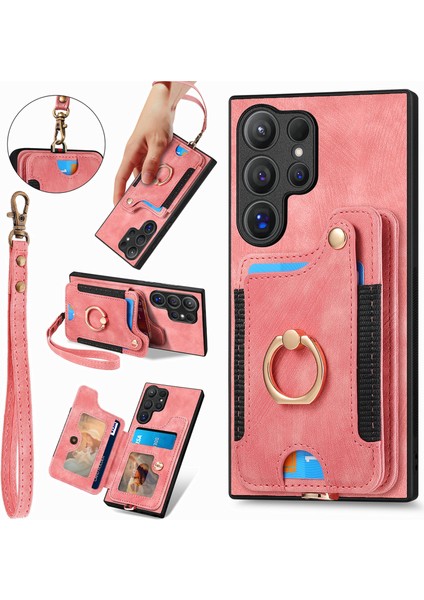 Samsung Galaxy S25 Ultra Retro Pu Deri Arka Kapak Rfıd Engellemeli Kart Tutucu-Pembe (Yurt Dışından)