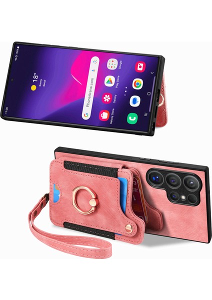 Samsung Galaxy S25 Ultra Retro Pu Deri Arka Kapak Rfıd Engellemeli Kart Tutucu-Pembe (Yurt Dışından)