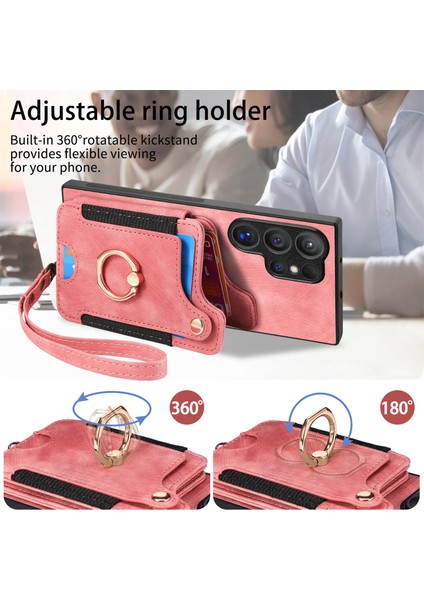 Samsung Galaxy S25 Ultra Retro Pu Deri Arka Kapak Rfıd Engellemeli Kart Tutucu-Pembe (Yurt Dışından)