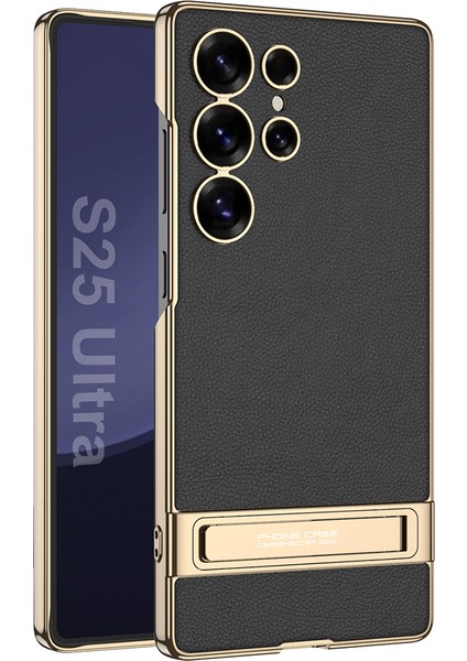 Gkk Samsung Galaxy S25 Ultra Kılıf Galvanik Kickstand Pu Sert Pc Telefon Arka Kapak-Siyah (Yurt Dışından)