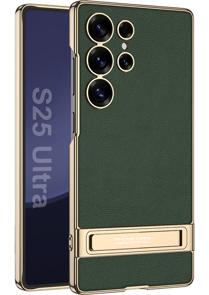 Gkk Samsung Galaxy S25 Ultra Kılıf Galvanik Kickstand Pu Sert Pc Telefon Arka Kapak-Yeşil (Yurt Dışından)