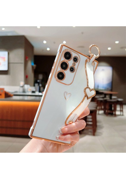 Samsung Galaxy S24 Ultra Kılıf Elektroliz Kalp Desenli Tpu Telefon Arka Kapak Bileklik Kickstand-Fildişi Beyaz (Yurt Dışından)