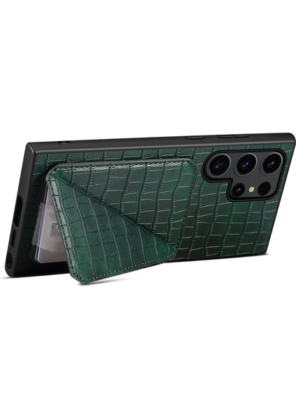 Samsung Galaxy S25 Ultra Kılıf Kartlıklı Deri+Pc+Tpu Timsah Dokulu Arka Kapak-Yeşil (Yurt Dışından)