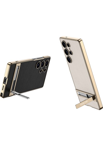 Gkk Samsung Galaxy S25 Ultra Kılıf Galvanik Kickstand Pu Sert Pc Telefon Arka Kapak-Karbon Fiber Doku (Yurt Dışından)