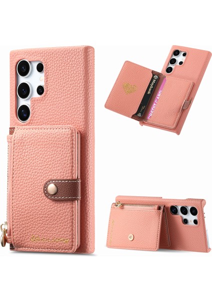 Samsung Galaxy S25 Ultra Kılıf Fermuarlı Kart Tutucu Kickstand Litchi Tahıl Deri Arka Kapak-Pembe (Yurt Dışından)