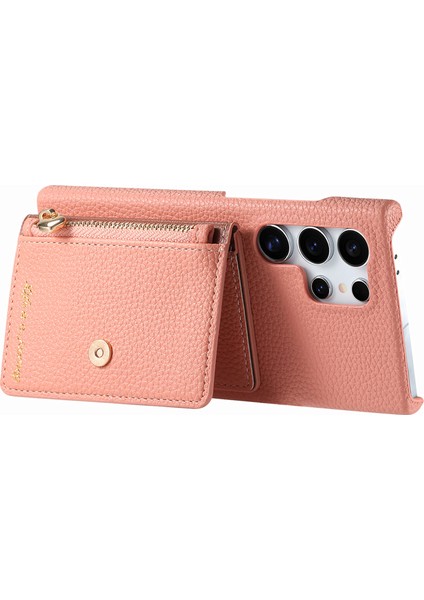 Samsung Galaxy S25 Ultra Kılıf Fermuarlı Kart Tutucu Kickstand Litchi Tahıl Deri Arka Kapak-Pembe (Yurt Dışından) modelleri