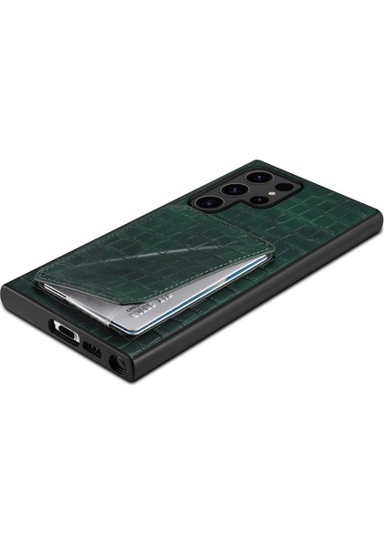 Samsung Galaxy S25 Ultra Kılıf Kartlıklı Deri+Pc+Tpu Timsah Dokulu Arka Kapak-Yeşil (Yurt Dışından)