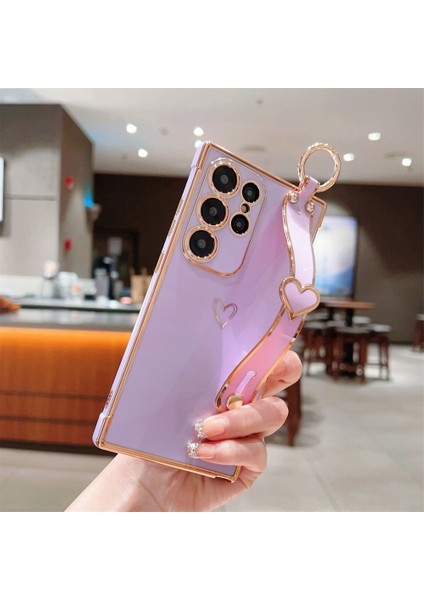 Samsung Galaxy S24 Ultra Kılıf Elektroliz Kalp Desenli Tpu Telefon Arka Kapak Bileklik Kickstand-Mor (Yurt Dışından)