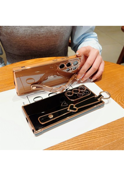 Samsung Galaxy S24 Ultra Kılıf Elektroliz Kalp Desenli Tpu Telefon Arka Kapak Bileklik Kickstand-Mor (Yurt Dışından) modelleri