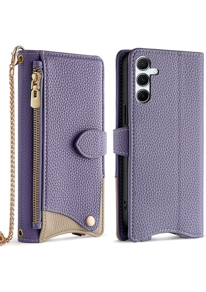 Samsung Galaxy A26 5g Deri Kılıf Cüzdan Standı Kapak Düzensiz Kuyruk Stili Zincir Askılı-Mor (Yurt Dışından)