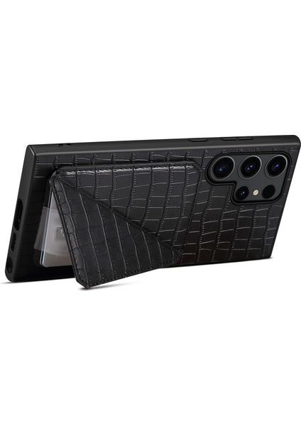 Samsung Galaxy S25 Ultra Kılıf Kartlıklı Deri+Pc+Tpu Timsah Dokulu Arka Kapak-Siyah (Yurt Dışından)