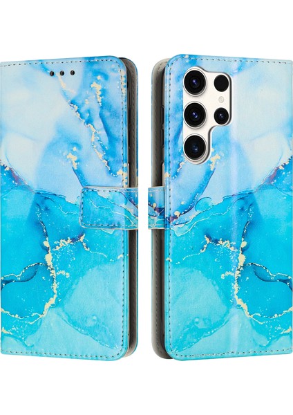 Samsung Galaxy S24 Ultra Standlı Kılıf Mermer Desenli Pu Deri Cüzdan Telefon Kılıfı Bilek Kayışlı-Mavi/yeşil (Yurt Dışından)