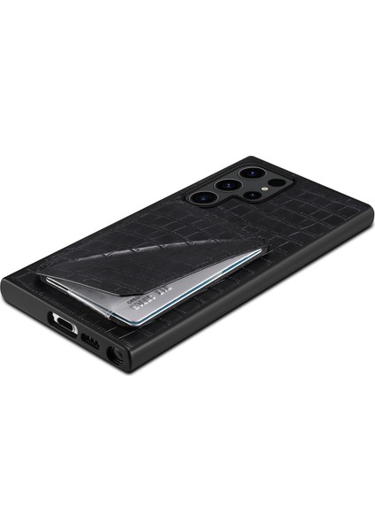 Samsung Galaxy S25 Ultra Kılıf Kartlıklı Deri+Pc+Tpu Timsah Dokulu Arka Kapak-Siyah (Yurt Dışından)