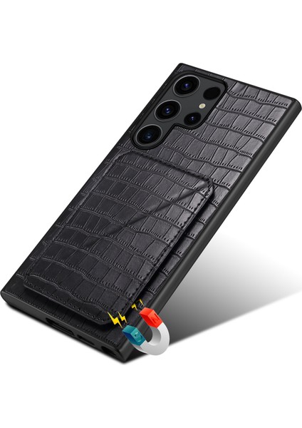 Samsung Galaxy S25 Ultra Kılıf Kartlıklı Deri+Pc+Tpu Timsah Dokulu Arka Kapak-Siyah (Yurt Dışından)