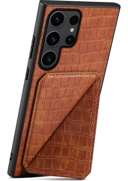 Samsung Galaxy S25 Ultra Kılıf Kartlıklı Deri+Pc+Tpu Timsah Dokulu Arka Kapak-Kahverengi (Yurt Dışından)