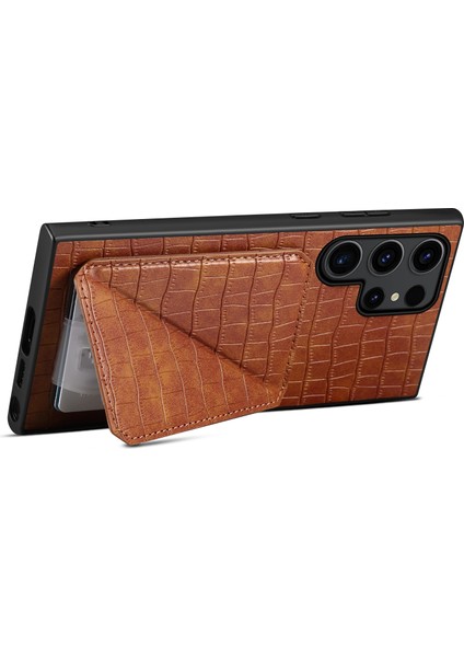 Samsung Galaxy S25 Ultra Kılıf Kartlıklı Deri+Pc+Tpu Timsah Dokulu Arka Kapak-Kahverengi (Yurt Dışından)