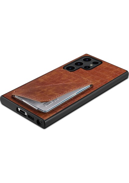 Samsung Galaxy S25 Ultra Kılıf Kartlıklı Deri+Pc+Tpu Timsah Dokulu Arka Kapak-Kahverengi (Yurt Dışından)