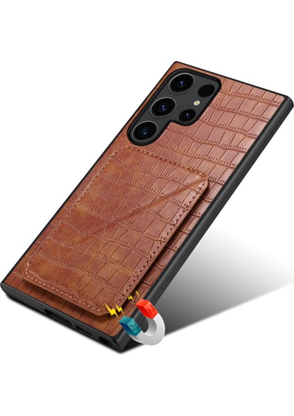 Samsung Galaxy S25 Ultra Kılıf Kartlıklı Deri+Pc+Tpu Timsah Dokulu Arka Kapak-Kahverengi (Yurt Dışından)