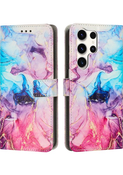Samsung Galaxy S24 Ultra Standlı Kılıf Mermer Desenli Pu Deri Cüzdan Telefon Kılıfı Bilek Askılı-Pembe/mor (Yurt Dışından)