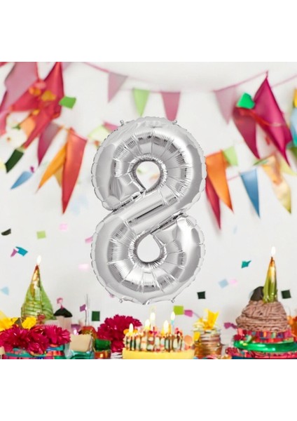 8 Numara Folyo Gümüş Balon 100 cm 40INÇ Helyuma Uygun Parti Balonu Numaralar