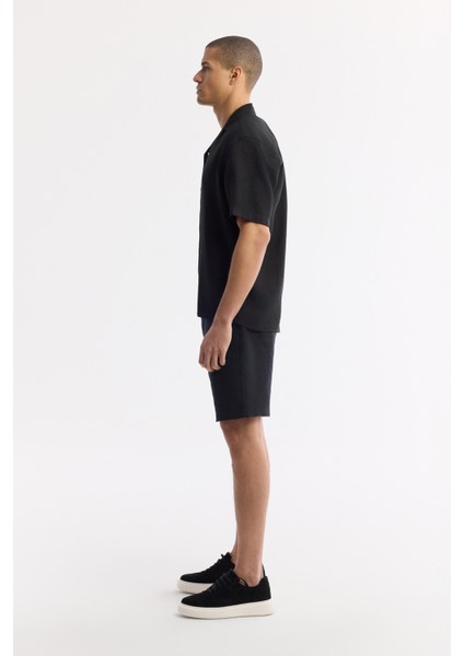 Erkek Siyah Oversize Fit Apaj Yaka %100 Keten Kısa Kol Rahat Kesim Gömlek A51y2209 modelleri