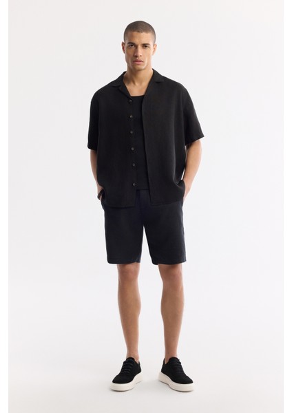 Erkek Siyah Oversize Fit Apaj Yaka %100 Keten Kısa Kol Rahat Kesim Gömlek A51y2209 indirimleri