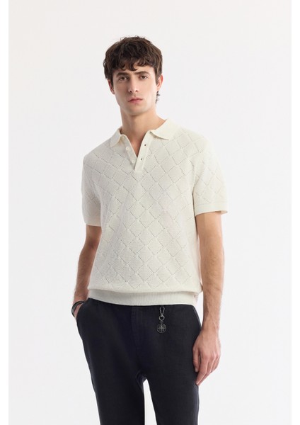Erkek Ekru Polo Yaka Jakarlı Buklet İplik Triko T-shirt A51Y5040