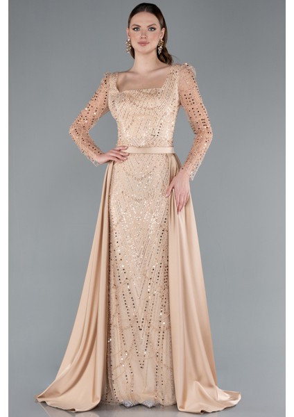 Uzun Kol Taşlı Saten Kuyruk Aksesuarlı Abiye ABU4603