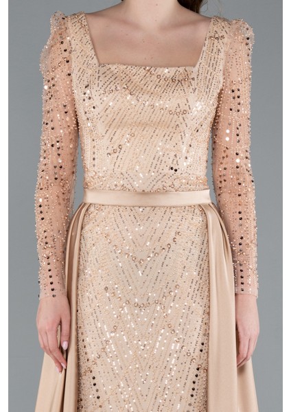 Uzun Kol Taşlı Saten Kuyruk Aksesuarlı Abiye ABU4603 fırsatları