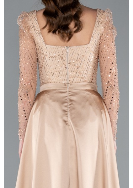 Uzun Kol Taşlı Saten Kuyruk Aksesuarlı Abiye ABU4603 indirimleri