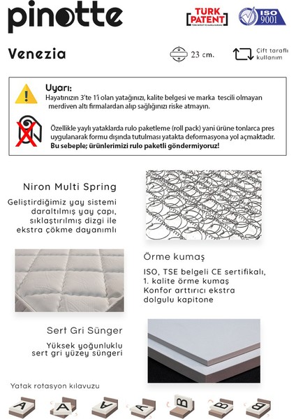 80x200 Tek Kişilik Tam Ortopedik Orta Sert Lüks Yatak Venezia