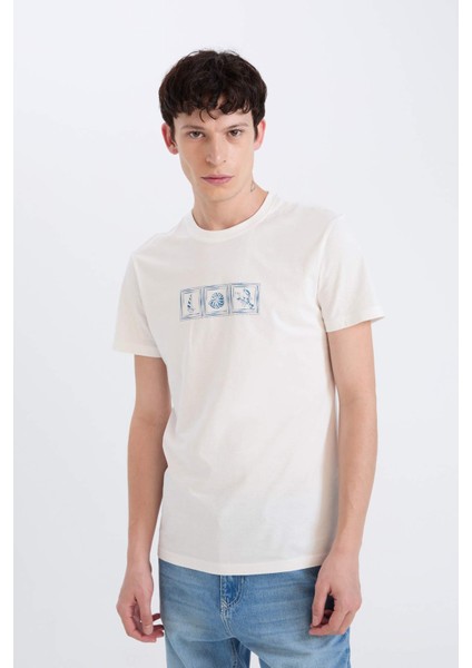 %100 Pamuk Slim Fit Dar Kesim Bisiklet Yaka Baskılı Kısa Kollu Tişört D9356AX25SP