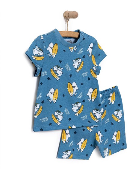Kısa Kol Köpek Balığı Desenli Bisiklet Yaka Pijama Takımı Erkek Bebek