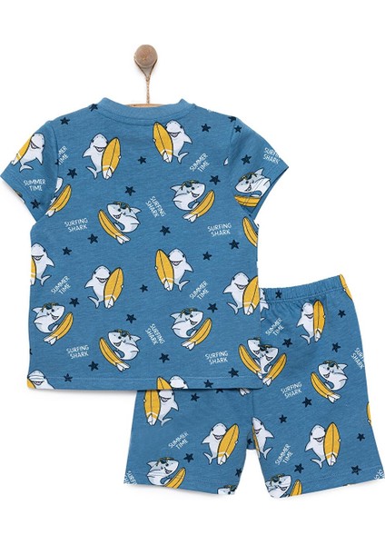 Kısa Kol Köpek Balığı Desenli Bisiklet Yaka Pijama Takımı Erkek Bebek