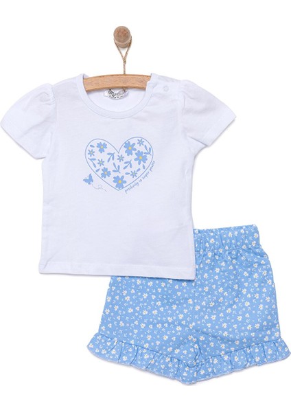 Basic Kalp ve Çiçek Baskılı Şortlu Takım Kız Bebek