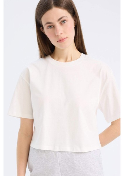 Boxy Fit Bisiklet Yaka Basic Düz Penye Kısa Kollu Tişört C7459AX25SM