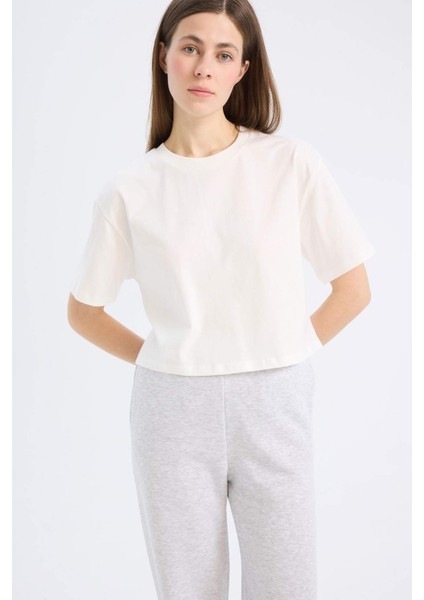 Boxy Fit Bisiklet Yaka Basic Düz Penye Kısa Kollu Tişört C7459AX25SM fırsatları