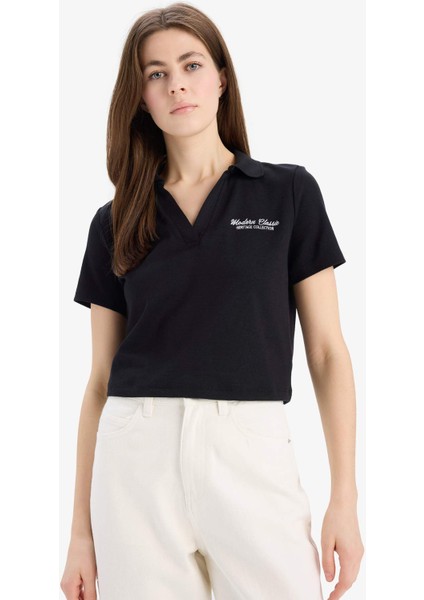 Slim Fit Dar Kesim Polo Yaka Nakış Baskı Baskılı Modal Kısa Kollu Tişört E5150AX25SM modelleri