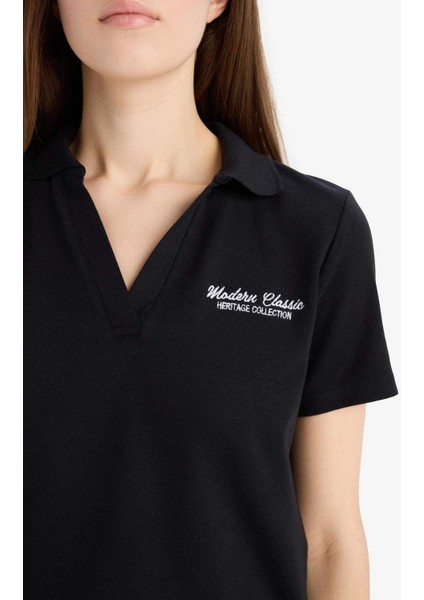 Slim Fit Dar Kesim Polo Yaka Nakış Baskı Baskılı Modal Kısa Kollu Tişört E5150AX25SM indirimleri