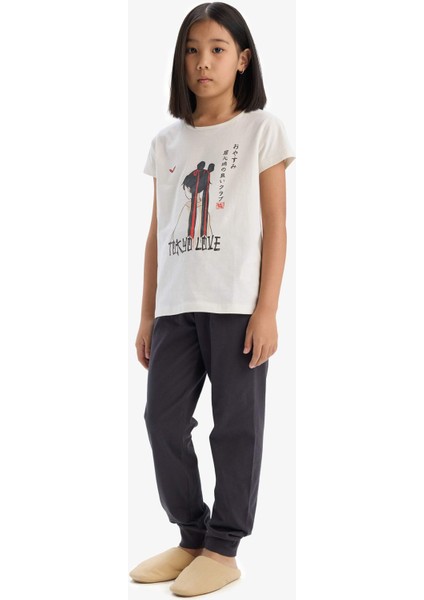 Kız Çocuk Pijama Takımı Baskılı Kısa Kollu Pijama Üstü Esnek Belli Uzun Pijama Altı E0541A825SM