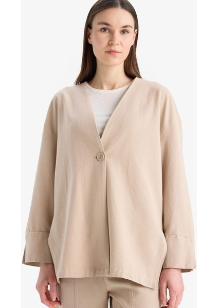 Relax Fit Basic Düz Düğmeli Keten Görünümlü Uzun Kollu Hırka Tunik E5351AX25SP