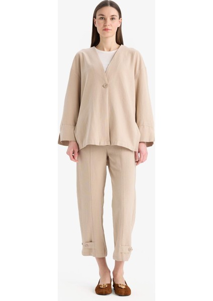 Relax Fit Basic Düz Düğmeli Keten Görünümlü Uzun Kollu Hırka Tunik E5351AX25SP