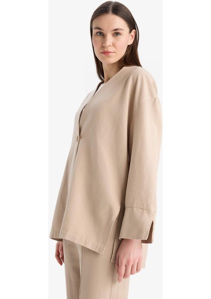 Relax Fit Basic Düz Düğmeli Keten Görünümlü Uzun Kollu Hırka Tunik E5351AX25SP